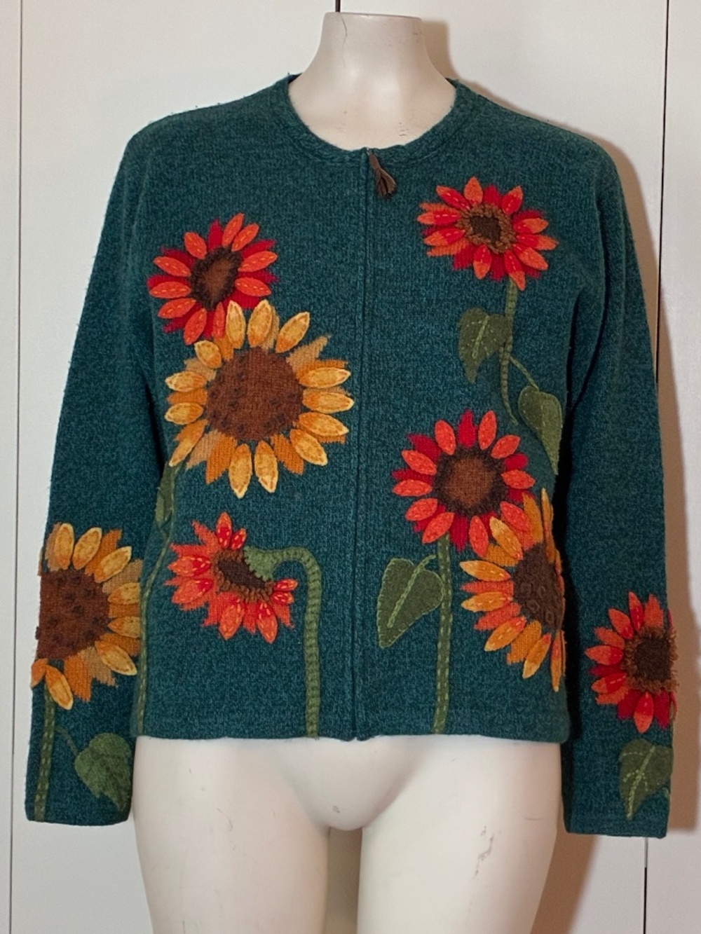 Susan Bristol Zip Up Cardigan Size Medium 100% Lambswool Fall Sunflower pattern